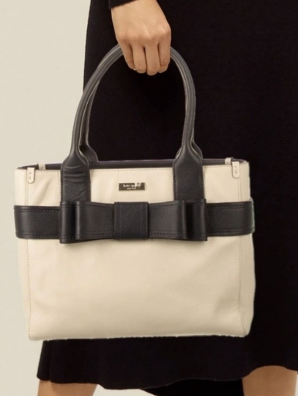 Kate Spade Quinn Villabella Avenue Tote Bag Cream Black Bow Satchel